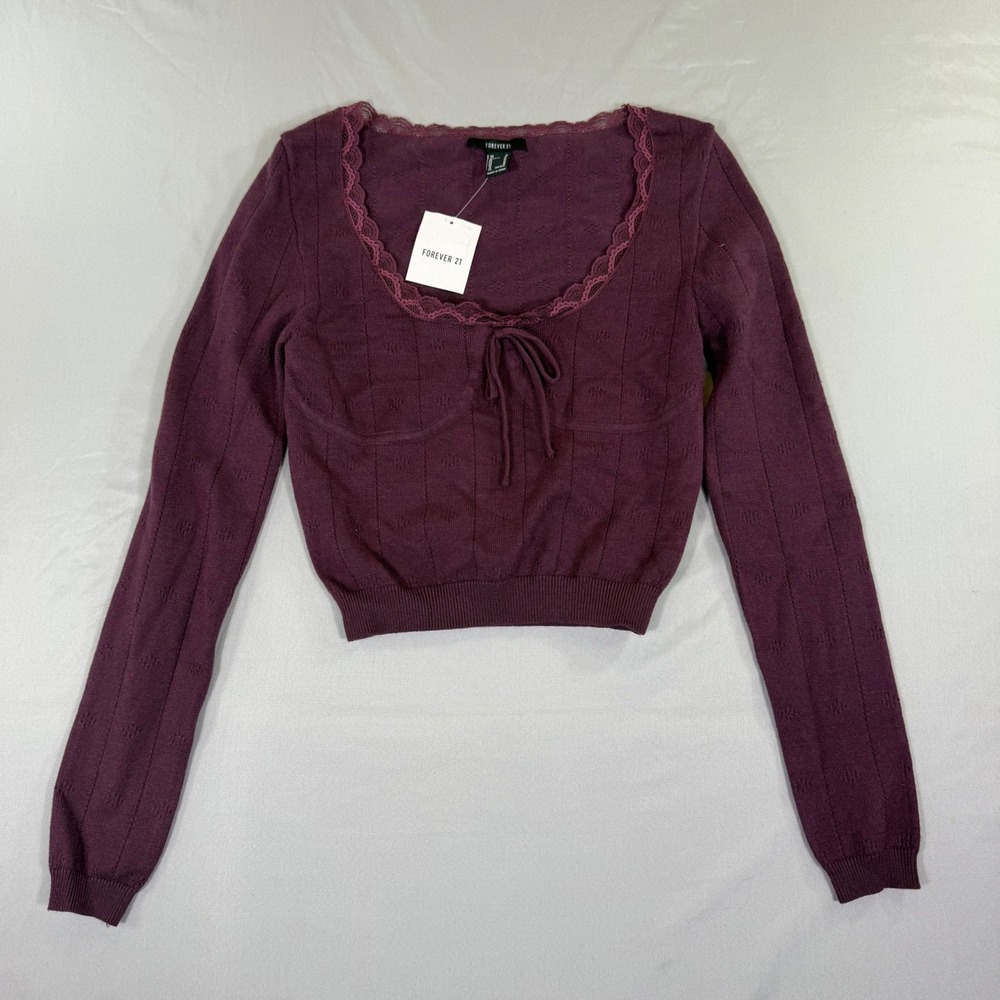 Burgundy Pointelle Lace Trim Long Sleeve Cropped Shirt M Coquette Balletcore Y2K